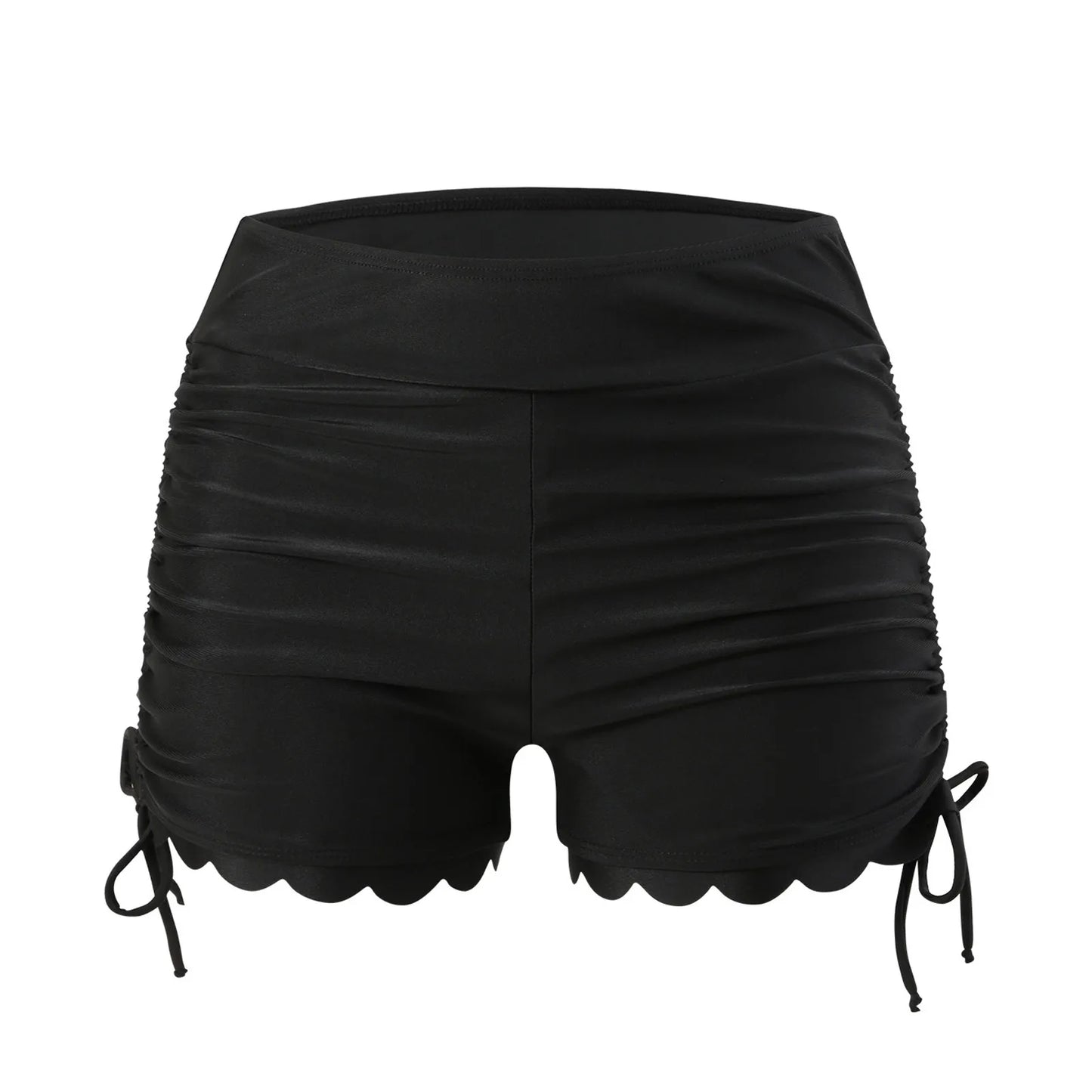 Ruffled Hem Side Drawstring Black Bikini Shorts