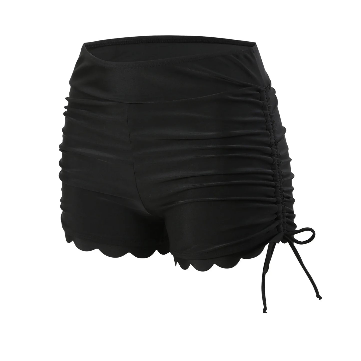Ruffled Hem Side Drawstring Black Bikini Shorts