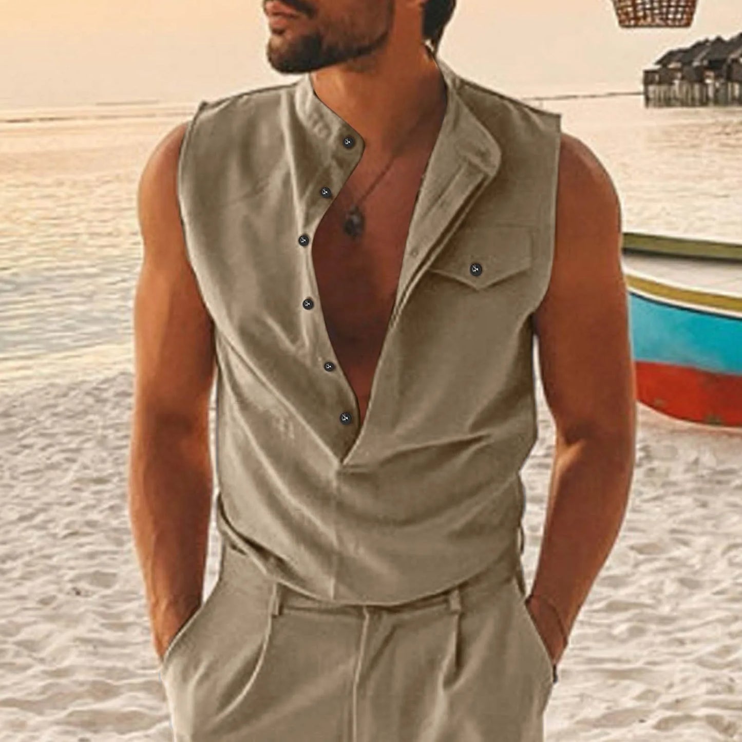 Men Summer Casual Button Down Tank