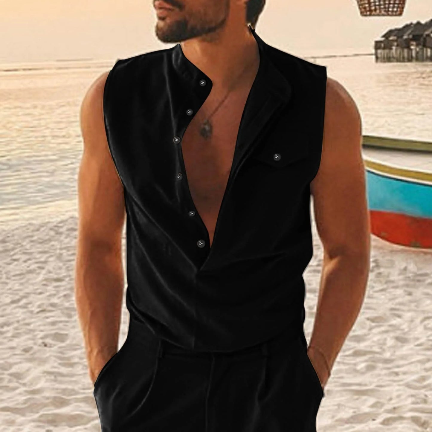 Men Summer Casual Button Down Tank