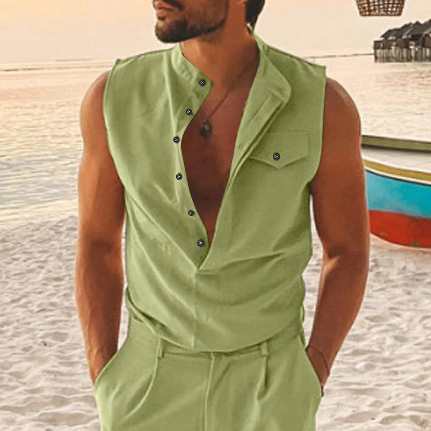 Men Summer Casual Button Down Tank
