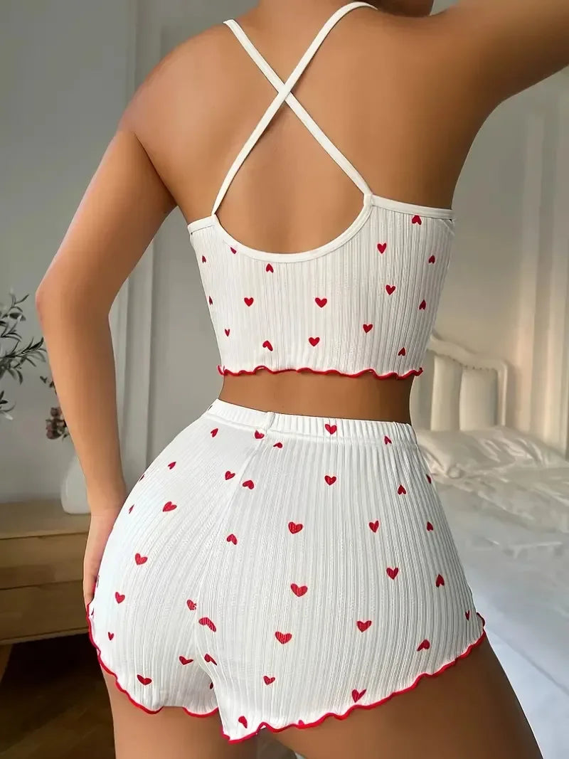 Heart Print Soft Ribbed Shorts Set
