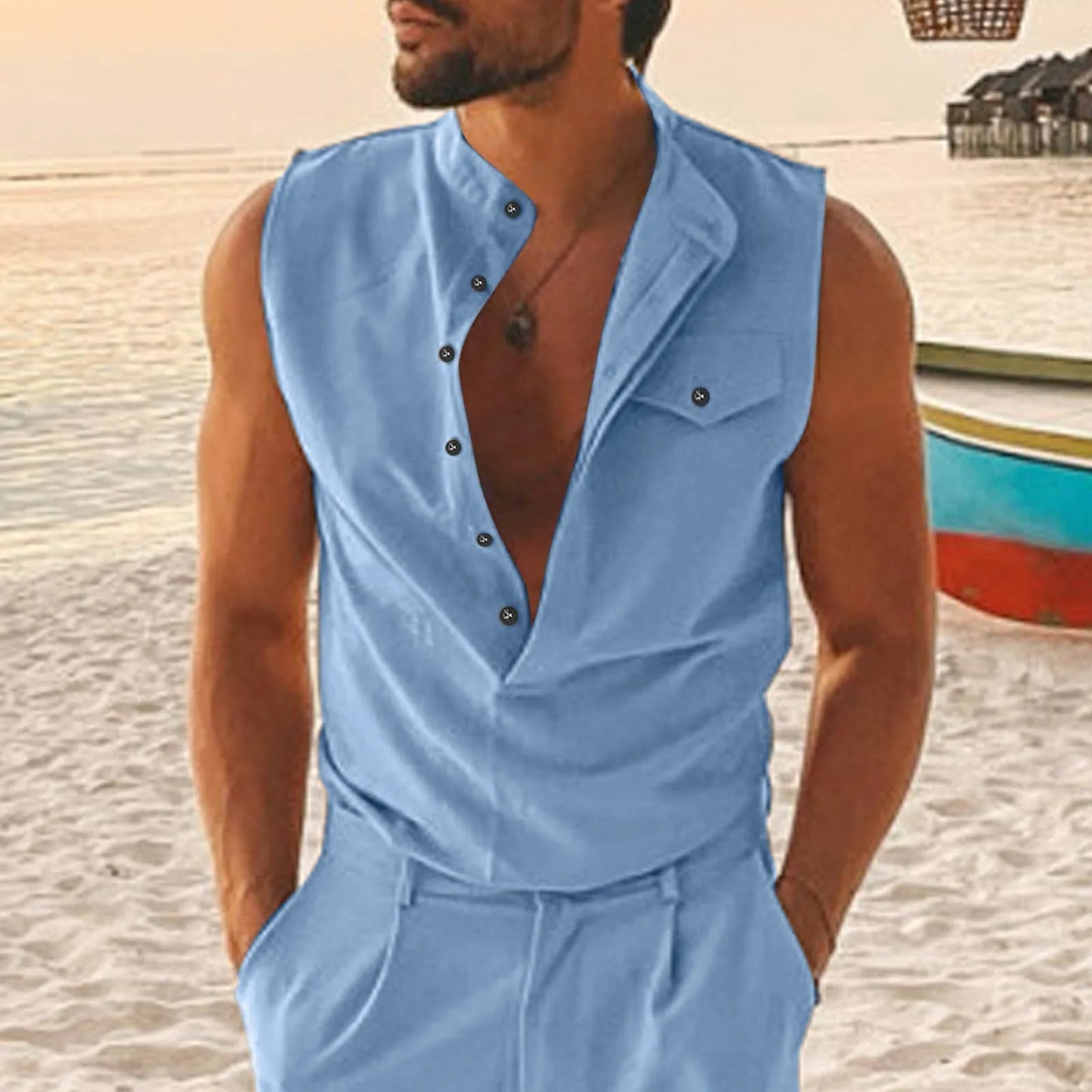 Men Summer Casual Button Down Tank
