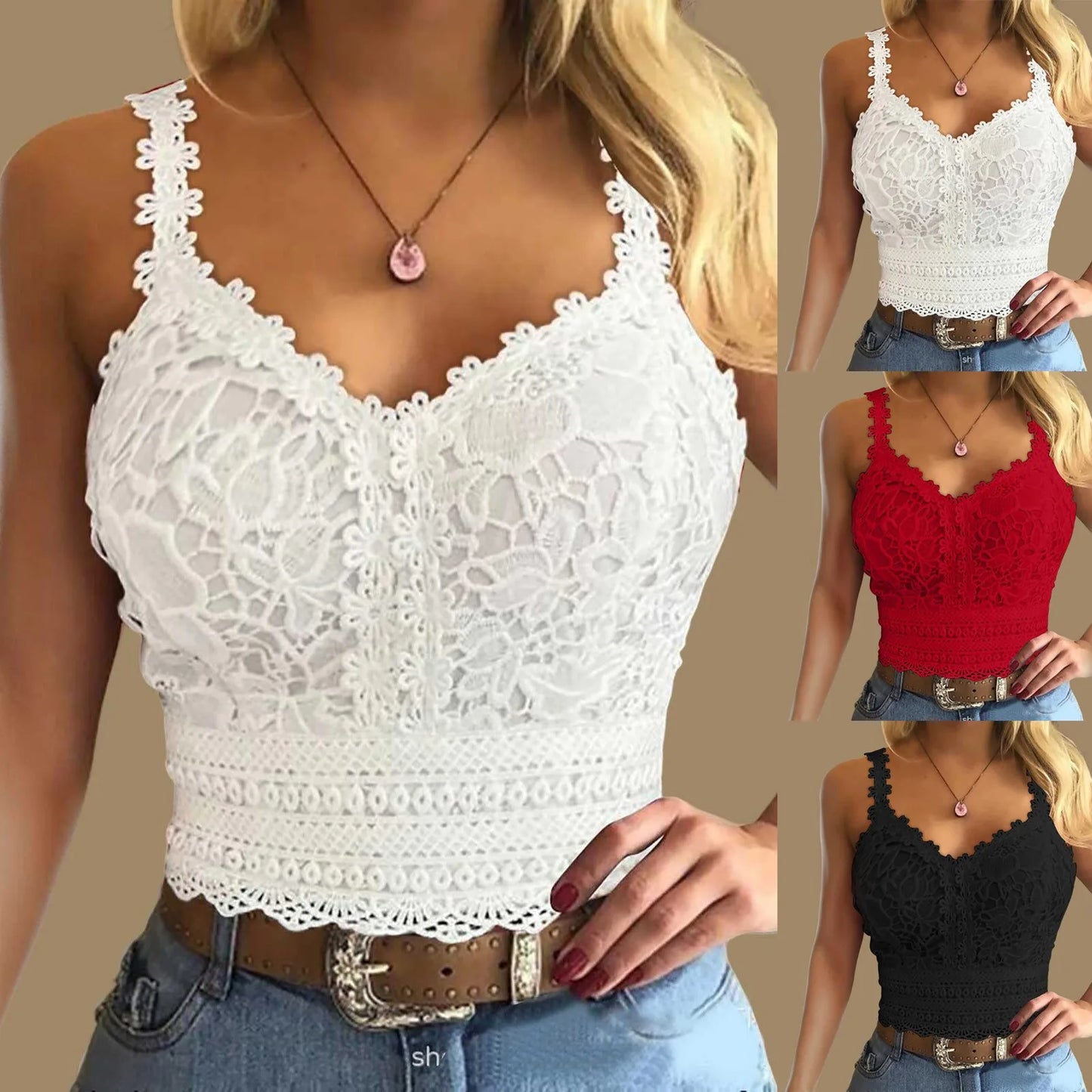 Lace Strap Splice V-Neck Tank Top