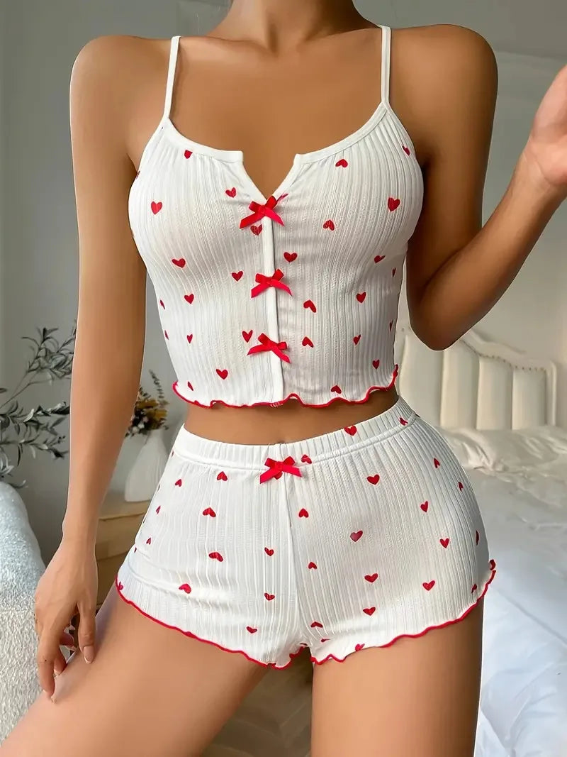 Heart Print Soft Ribbed Shorts Set