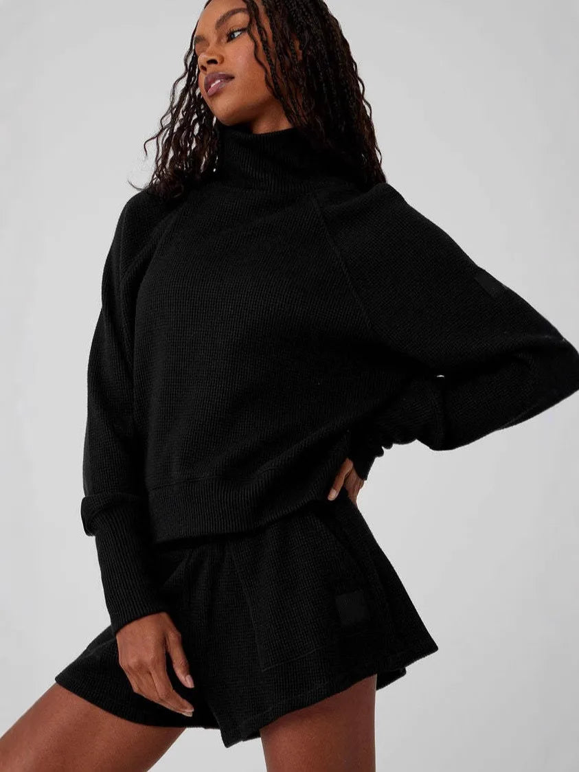 Waffle Collar Pullover Hoodie Pants/Shorts Suit