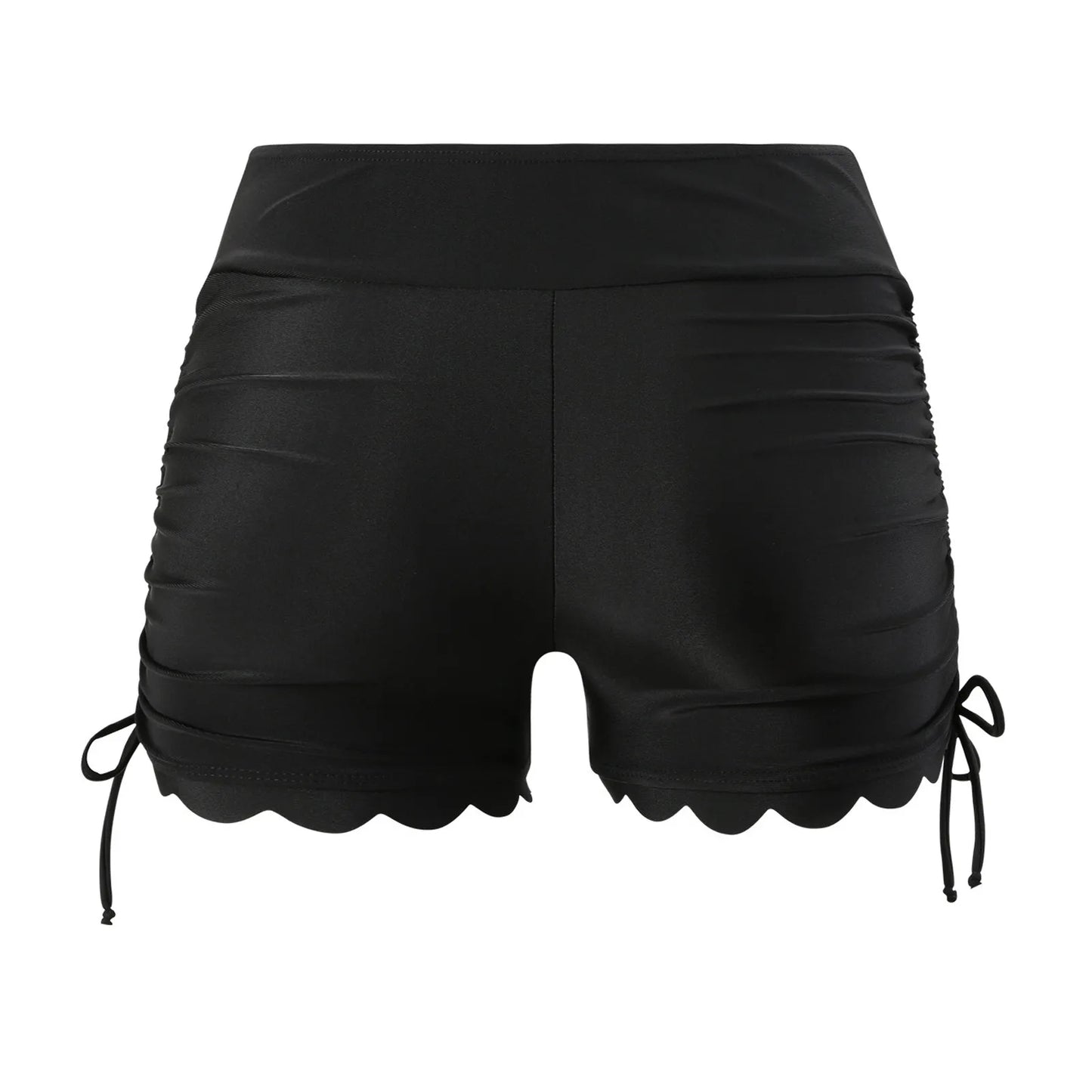 Ruffled Hem Side Drawstring Black Bikini Shorts