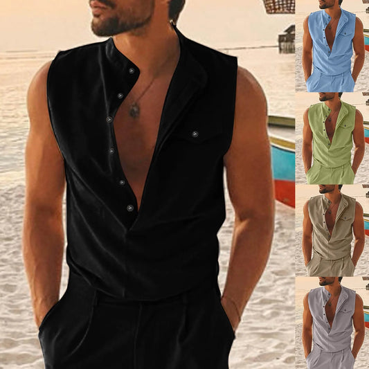 Men Summer Casual Button Down Tank