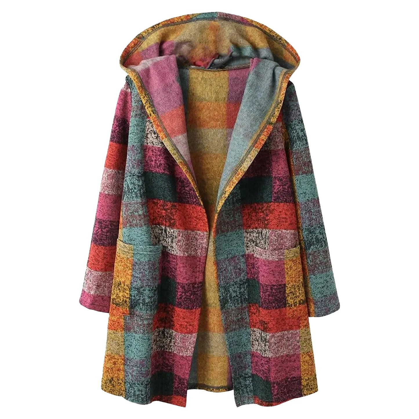 Plaid Cardigan Long Sleeve Zipper Hooded Jacket