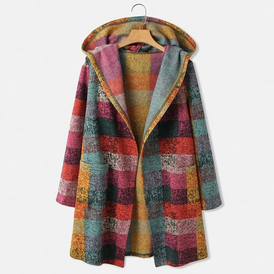 Plaid Cardigan Long Sleeve Zipper Hooded Jacket