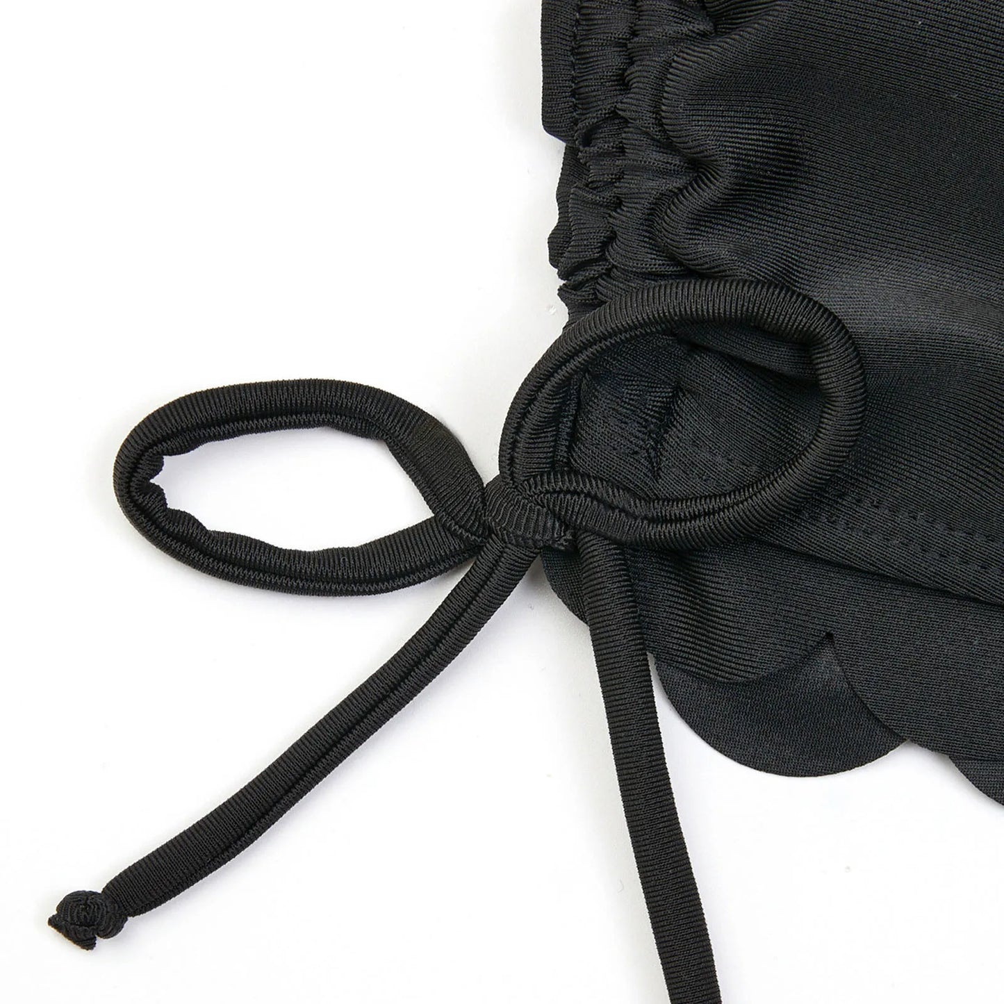 Ruffled Hem Side Drawstring Black Bikini Shorts