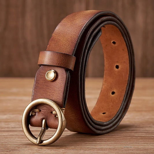 Women's Genuine Leather Copper Round Buckle Belt
