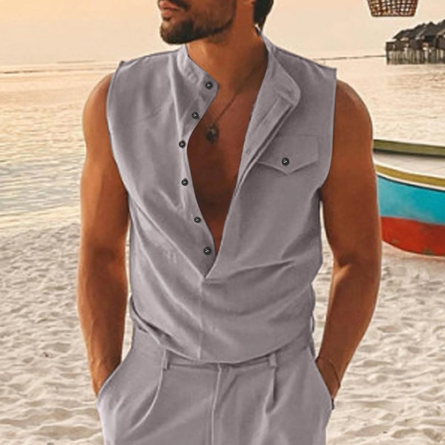 Men Summer Casual Button Down Tank