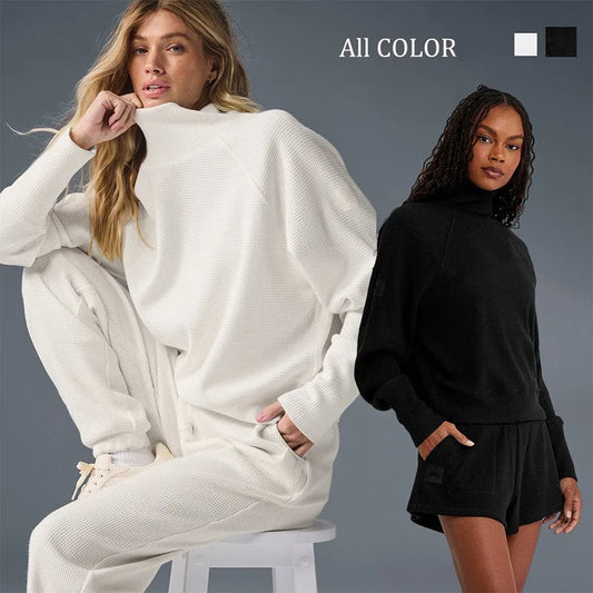 Waffle Collar Pullover Hoodie Pants/Shorts Suit