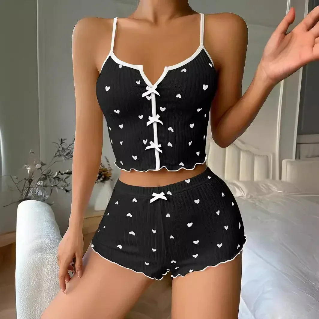 Heart Print Soft Ribbed Shorts Set